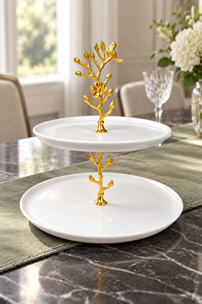 MAY HOME 2 Katlı Porselen Gold Detaylı Kurabiyelik Sunumluk Tabak