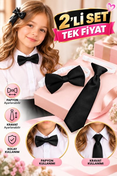 cappadocians Cravată elastică și papion elastic pentru băieți și fete cu vârste între 1-7 ani - Culoare neagră Set de 2 - Unisex