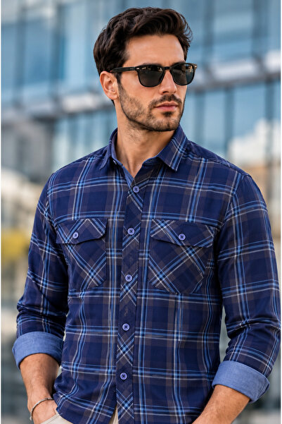 FSR FUSARO %100 Pamuk Denim Ekose Slim Fit Çift Cepli Uzun Kollu Erkek Gömlek
