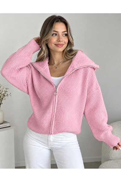 FLEX FASHION Γυναικεία ελαστική πλεκτή ζακέτα με φερμουάρ και αναδιπλούμενο γ...