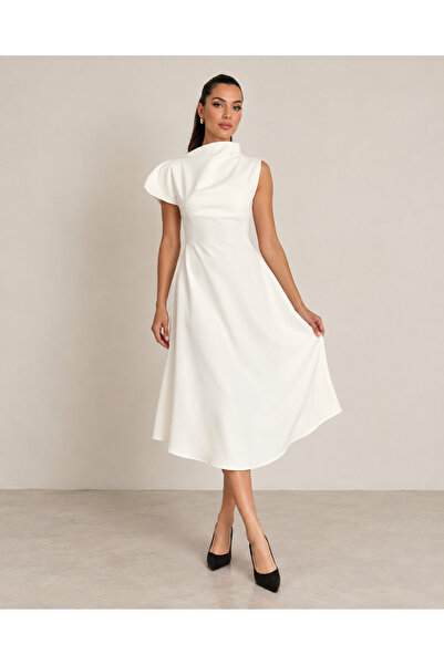 Focus Light Women's Asymmetrical Collar Crepe Midi Dress