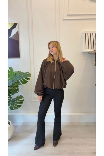 SHIN Butik Kadın Kahverengi Fermuarlı Oversize Bomber Ceket