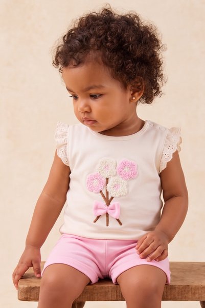Rocha Baby طقم صيفي للفتيات الصغيرات مع تطريز الزهور وتفاصيل الكشكشة