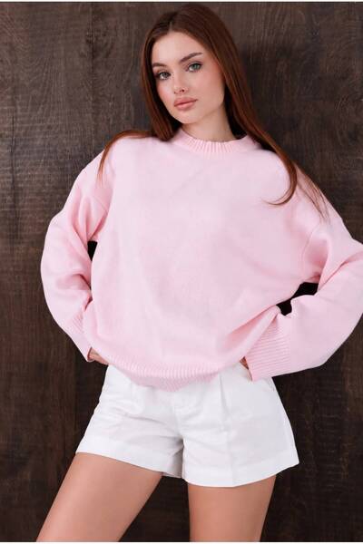 Kırlangıç Moda سترة تريكو نسائية باللون الوردي قصة فضفاضة بيسايكل كولا