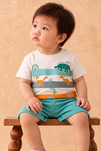 Rocha Baby Baby Boy Colorful Striped and Dinosaur Print Summer Tee & Shorts Set