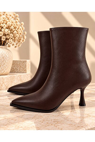 RoseVeno Pointed Toe, Thin Heel, Side Zipper, Dark Brown Heeled Boot