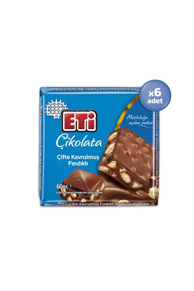 Eti Çikolata Çifte Kavrulmuş Fındıklı Sütlü Kare 60 g x 6 Adet