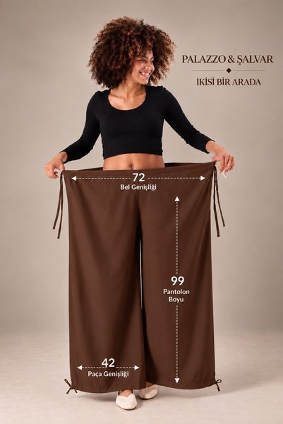SLAVİ İSTANBUL Women's Brown Oversize Micro Satin Palazzo Wide Leg Trousers Compatible with S-3Xl