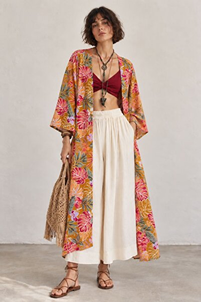 Clandestino Uzun Kollu Desenli Bohem Kimono