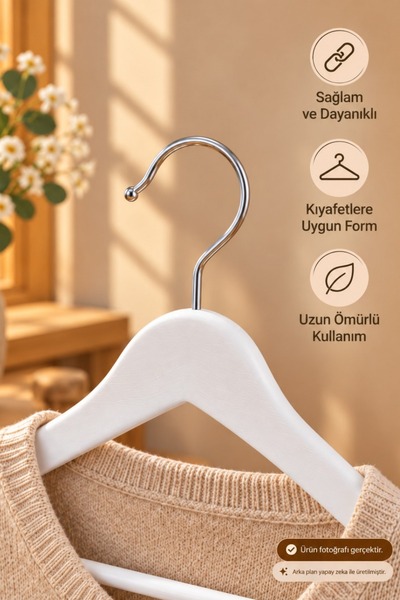 BabyLondy 36 Adet - Ahşap Görünümlü Plastik Kıyafet Ve Elbise Askısı Beyaz