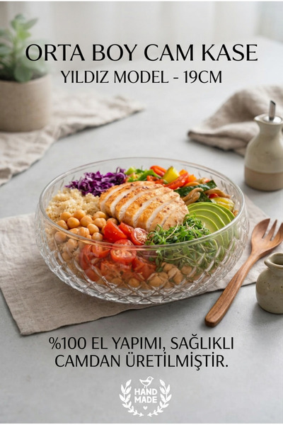 GİNZAMAİSON El Yapımı Cam, Orta Boy Yıldız Model Salata Kasesi - Bowl Kasesi