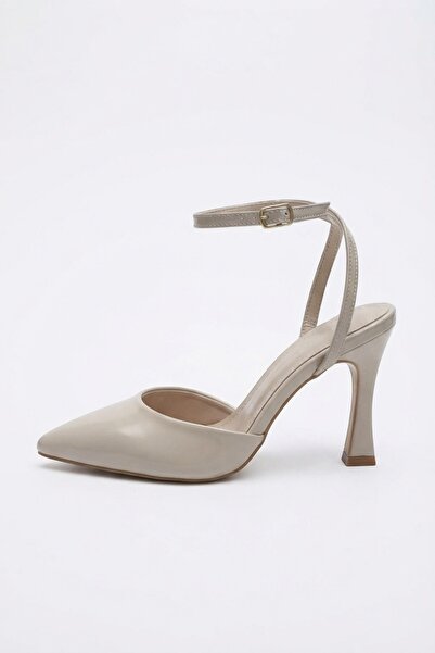 ForYou4 Cream Beige Pointed Toe Ankle Strap Heeled Shoes