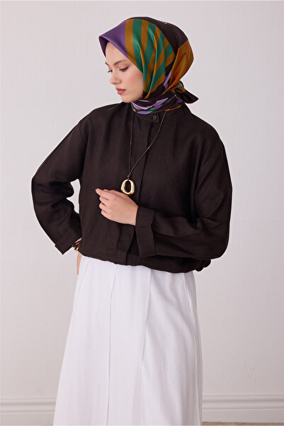 Belli Kahverengi Obje Desen %100 Twill İpek Eşarp 4409-50