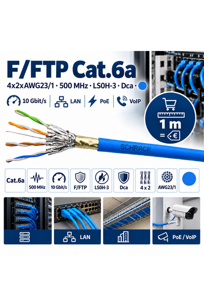 geravian F/FTP Cat.6a cable, 4x2xAWG23/1, 500MHz, LS0H-3, Dca, blue, 1 m