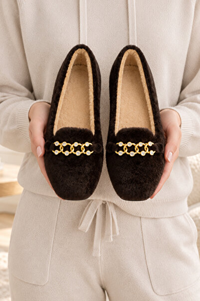 Beyond Women's Bitter Brown Plush Home Slippers with Stone Accessories and Ch...