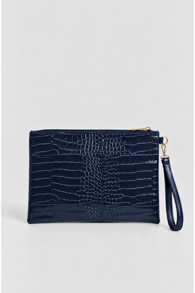 Bagfoni Navy Blue Crocodile Patterned Hand Strap Portfolio Clutch Bag 25X19 cm