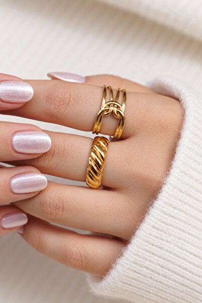 TREND COLLECTİON Women's Gold Color Steel Ring Set (2 Pieces)