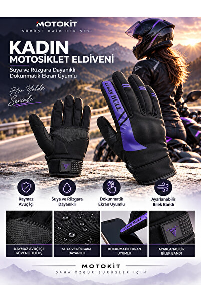MOTOKIT Mor Suya ve Rüzgara Dayanıklı 4 Mevsim Kadın Motosiklet Eldiveni + BU...