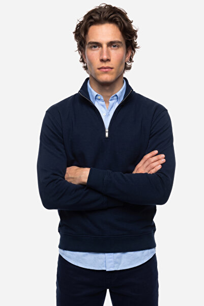Mudo Men's Navy Blue Comfort Fit Zippered Stand Collar Sweatshirt