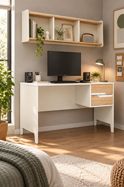 Minar Ruby Çalışma Masası ve Asma Kitaplık Set-Aytaşı-Derin Sepet