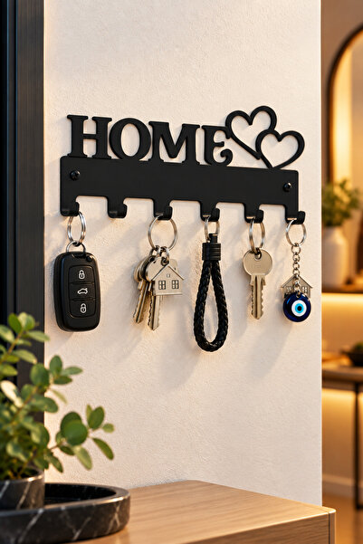 VENON SİYAH METAL ANAHTARLIK Home Çift Kalpli Dekoratif Yazılı Askılık Düzen ...