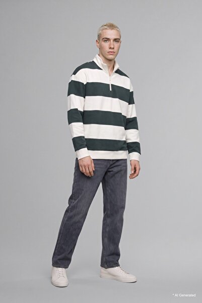 DeFacto Boxy Fit High Neck Half Zipper Striped Sweatshirt C7045Ax25Au