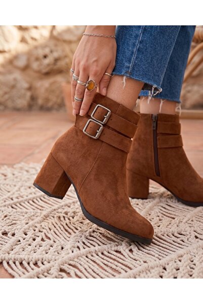marina rosse Women's Tan Suede Double Buckle Short Boots