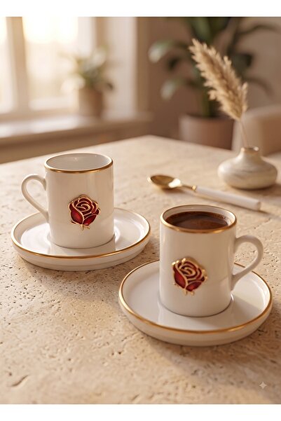 REGNA HOME Fine Living Love Roses 4-Piece 2-Person Gilded Porcelain Coffee Cu...