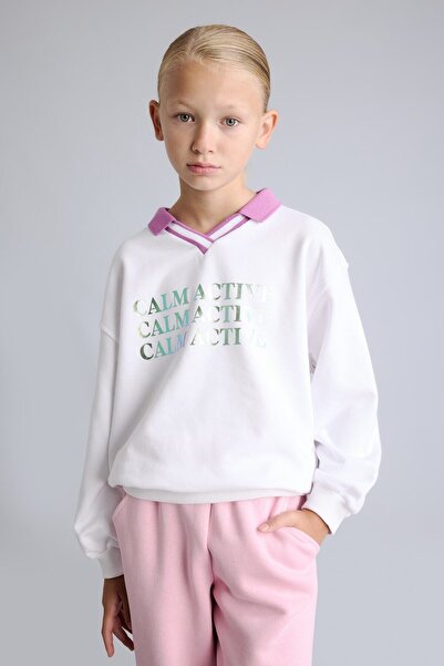 DeFacto Relax Fit Contrast Polo Collar Printed Sweatshirt for Girls I3837A826Au