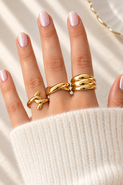 TREND COLLECTİON Gold Ayarlanabilir 3’lü Kadın Yüzük Seti – Modern Kalın Tasarım