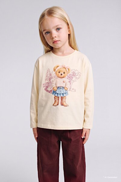 DeFacto 100% Cotton Crew Neck Long Sleeve Teddy Bear Printed T-Shirt Baby Gir...