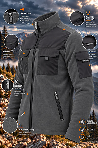 Polviton Erkek Polar Ceket Taktikal Softshell Tactical Flecee Füme