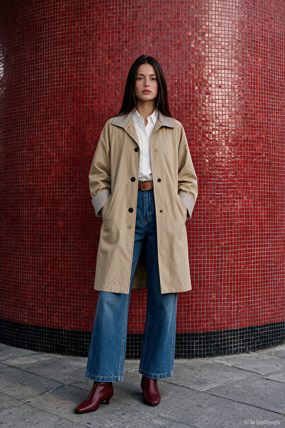 Quzu Ekose Manşetli Oversize Trençkot Bej