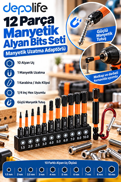 Depolife Alyan anahtar Set Hex Bits uç takımı Manyetik uzatma Adaptörlü 12 Pa...