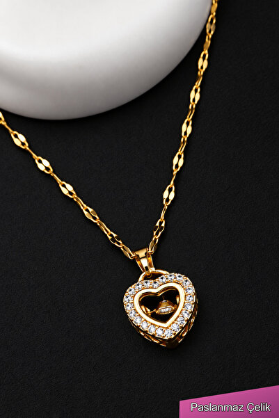 TREND COLLECTİON 316L Çelik Gold Renk Dönen Zirkon Taşlı Kalp Kadın Kolye