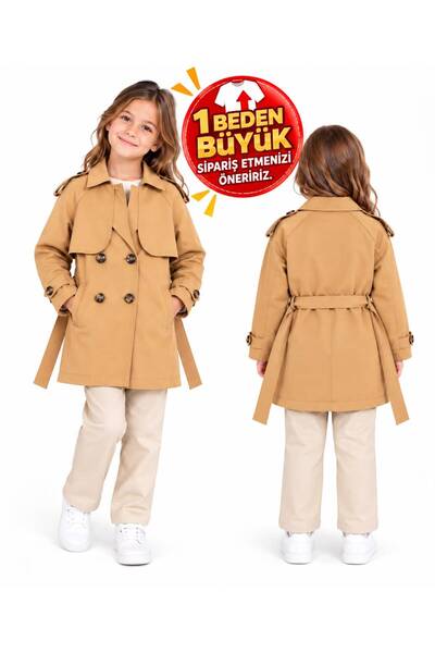 BY WORRN Kız çocuk düğmeli kuşak-kemerli trençkot yağmurluk