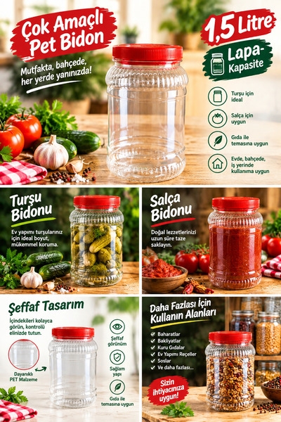 cansares Turşu Bidonu Salça Bidonu PET Bidon 1,5 Litre 1 Adet Kuru Gıda Sakla...
