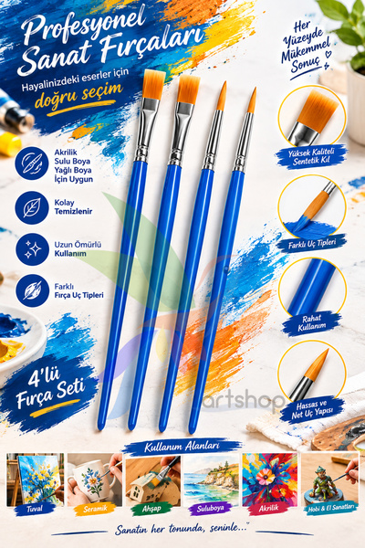 NEON PLUS 4 Lü Resim Fırçası 2 Düz 2 İnce Uçlu Akrilik Boya, Yağlı Boya, Guaj...