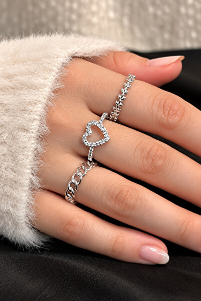 TREND COLLECTİON Zircon Stone Silver Adjustable Heart, Chain, Leaf Crown 3-Pi...