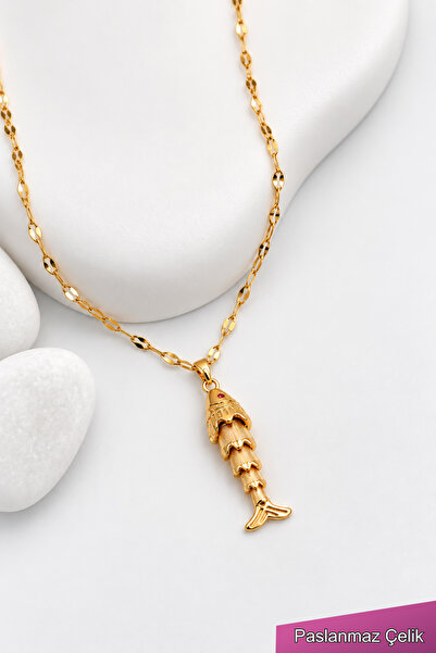 TREND COLLECTİON Paslanmaz Çelik Kuyruğu Sallanan Balık Gold Kadın Kolye