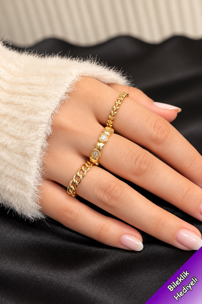 TREND COLLECTİON Zirkon Taşlı Gold Zarif Ayarlanabilir Kalp, Zincir, Yaprak T...