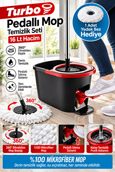 grimorlife Turbo Pedallı Mop Temizlik Seti Kova Paspas 16 lt