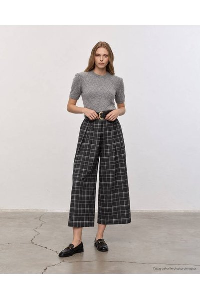 QUSTYLE Belted Plaid Pleated Culotte Trousers