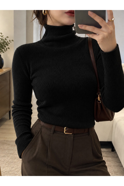 LUPERCUS Unisex μαύρο πλεκτό πουλόβερ με ζιβάγκο, στενή γραμμή