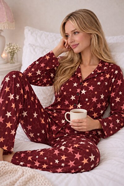 rindahomewear Lüx Süet Uzun Kollu Düğmeli Yıldız Desenli Kadın Pijama Takım