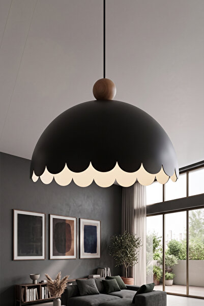 Marrien Bella Retro Ahşap Boncuk Detaylı Siyah Metal Sarkıt (30 cm) Yemek Mas...