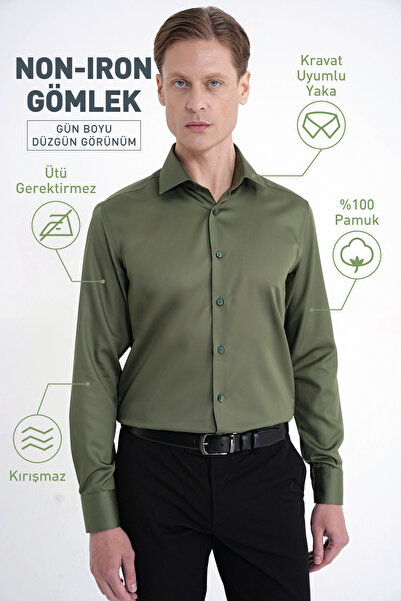 Efor Slim Fit %100 Pamuk Non Iron Kumaş Haki Gömlek Gk 734