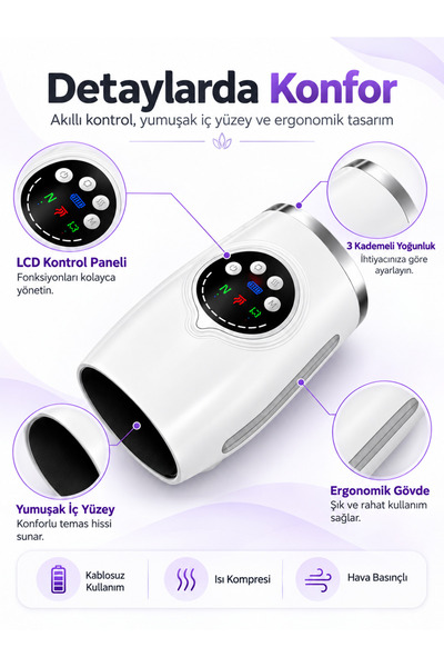 EN SİGA Akıllı Isıtmalı El Masaj Aleti 3 Kademeli Hava Basınçlı Isı Kompresli 2000 mAh Şarjlı