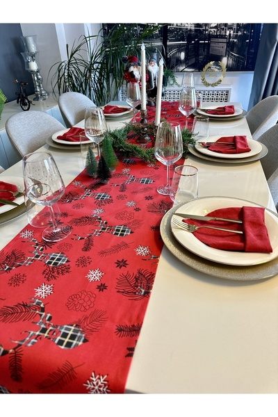 Decamor home New Year's Deer Themed Red Long Runner Christmas (Napkin Not Inc...