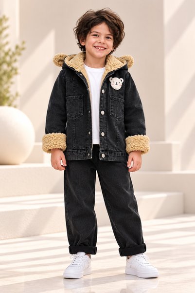 DUDOR KİDS Boy's Hooded Black Thick Denim Coat